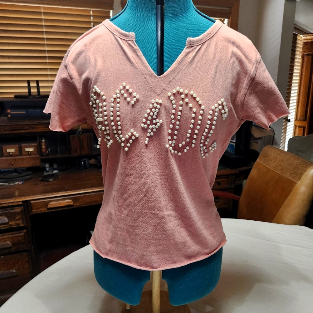 AC/DC Stone Wash Distressed Women's Candy Pink  Shirt with Faux Pearls  Sz M